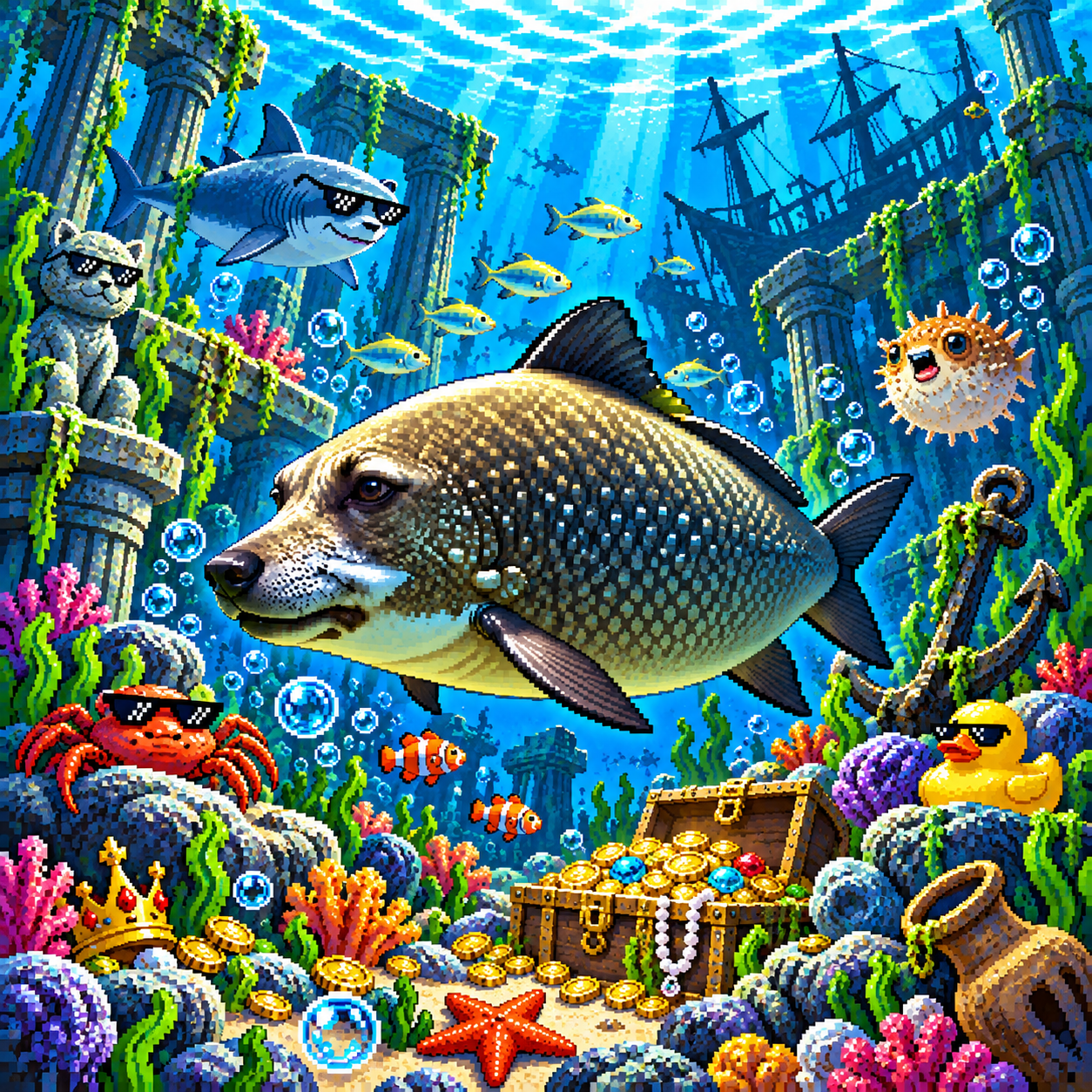 Pixel art of DOGFISH swimming through underwater ruins, sea creatures, and treasure